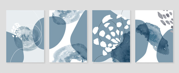 Wall Mural - abstract wall art vector template. collection of hand drawn leaves with blue watercolor texture, abs