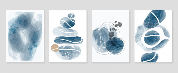 Wall Mural - abstract wall art vector template. collection of hand drawn leaves with blue watercolor texture, sto