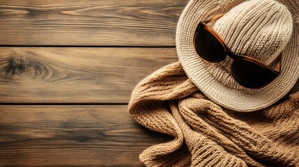 Aufkleber - Fashion accessories on wooden table featuring a knitted hat, sunglasses, and a cozy scarf for stylish layering. Generative AI