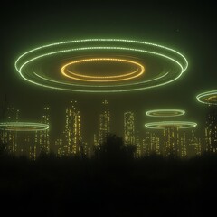 Poster - Neon Rings Hovering Over Futuristic Cityscape at Night with Glowing Lights in Science Fiction