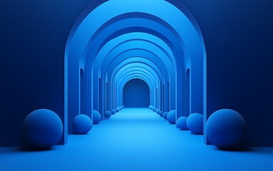 Poster - Abstract blue archway tunnel with spheres, a minimal scene for product presentation
