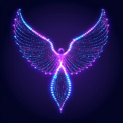 Poster - Neon Winged Figure Constructed of Dotted Lights Against Dark Backdrop Illustrative Glowing Phoenix