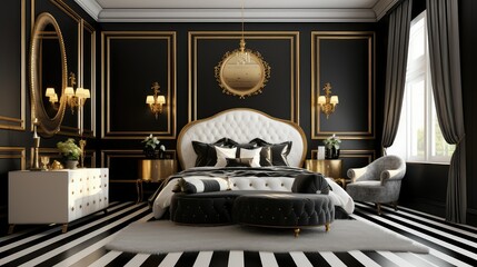 Wall Mural - sophistication black and white stripe gold