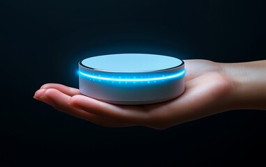 Poster - Futuristic device, hand, dark background, product presentation, technology