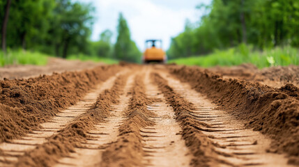 Ground level view of a road construction site, focusing on the fresh, compacted earth shaped by a compactor working in the background, amidst a natural landscape