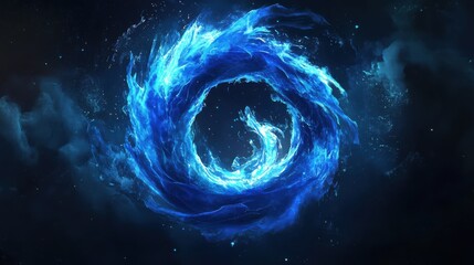 Poster - Vibrant blue abstract energy swirl on dark background, representing power, motion, and dynamic cosmic elements.