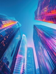 Leinwandbilder - Futuristic cityscape showcasing tall skyscrapers illuminated by vivid neon lights during twilight hours. Generative AI