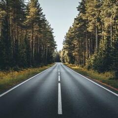 Poster - Straight road leading into a dense forest with tall trees and clear sky creating an inviting natural pathway. Generative AI