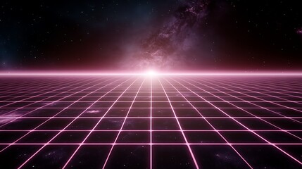 Wall Mural - Retro Futuristic Scifi Grid Landscape with Cosmic Galaxy Background and Glowing Horizon Light