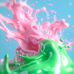 Leinwandbilder - Bright abstraction with lustrous streams of pink and green that converge in the center, surrounded by drops. The light blue background emphasizes the sense of dynamism and movement