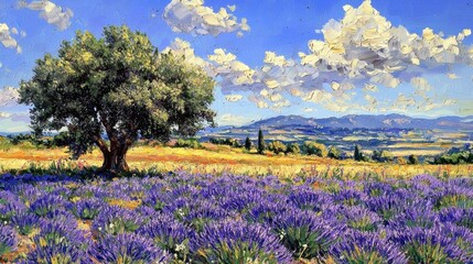 Poster - A vast expanse of blooming lavender fills the foreground, with a majestic tree providing shade