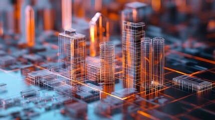 Wall Mural - Abstract Cityscape: Digital Metropolis in Wireframe