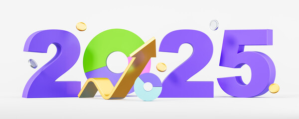Poster - 2025 forecast concept with colorful pie chart and upward arrow in 3D. 3D Rendering