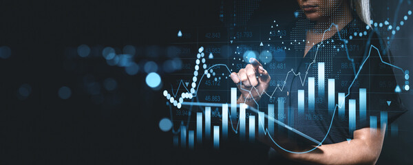 Poster - Digital financial graph with a person analyzing data in a modern