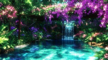 Wall Mural - Serene Waterfall Oasis with Vibrant Flowers and Lush Greenery Creating a Tranquil Ambience