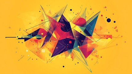 Poster - Abstract geometric art, vibrant colors, yellow background, dynamic composition, website banner