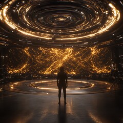 Poster - Silhouette Contemplation in Futuristic Chamber Glowing Cosmic Array Illuminating Advanced Tech