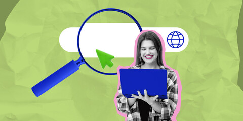 Poster - Creative digital search concept with a smiling woman holding a l