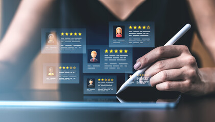 Poster - Digital customer review system with star ratings and feedback icons on screen.