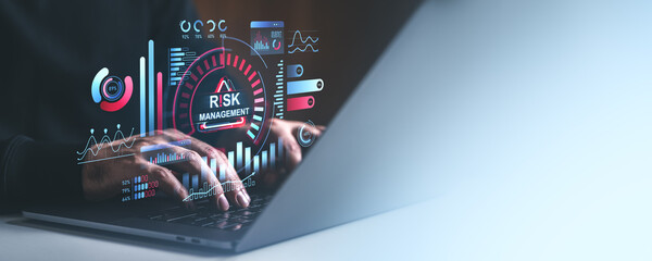 Poster - Digital risk management dashboard with futuristic interface on laptop screen.