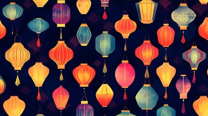 Poster - Colorful geometric pattern design, vibrant multi-colored shapes on a dark background, ideal for creative projects and textiles.