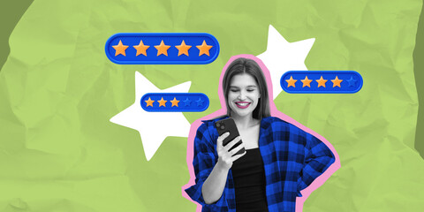 Poster - Smiling woman reading customer reviews with star rating icons on