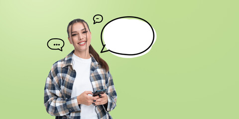 Poster - Woman holding phone with speech bubble icons on green background