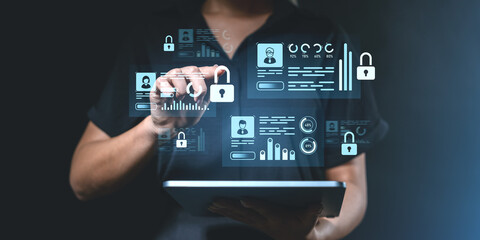 Poster - Digital data security concept with virtual locks and analytics interface.