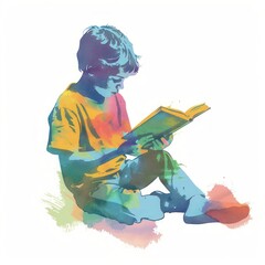 Wall Mural - Boy reading Risograph style white background cross-legged publication.