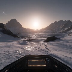 Poster - Snowy Vista from Spaceship Cockpit Glimpse of a Cold Alien Planet Exploration Expedition Journey