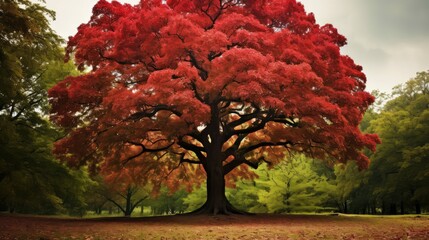 Poster - vibrant red oak tree