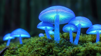 Wall Mural - Glow forest concept. Illuminated blue mushrooms growing on lush green moss in a mystical forest setting.