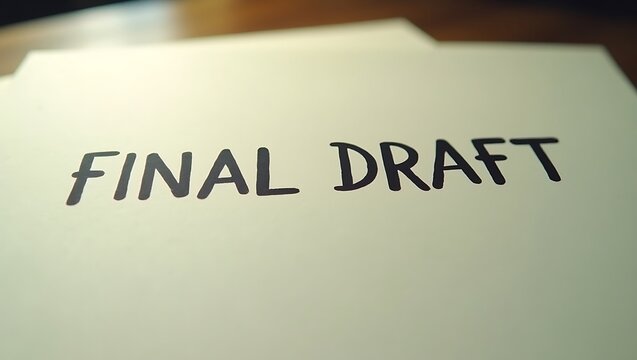 Final draft paperwork on a wooden table ready for review and editing
