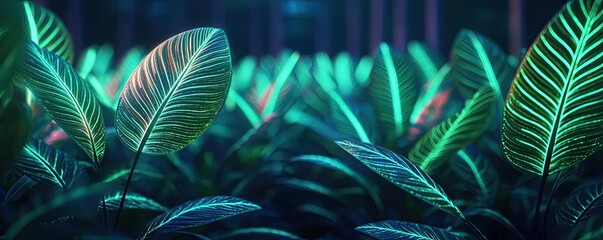 Poster - Glow forest idea. Vibrant green leaves illuminated in a mystical forest setting with ethereal lighting.