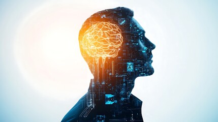 Aufkleber - Man's head, digital brain, circuit board background; AI concept