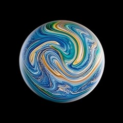 Poster - Swirling Sphere Abstract Art Composition in Blue White Green and Gold Colors Isolated on Black Backdrop