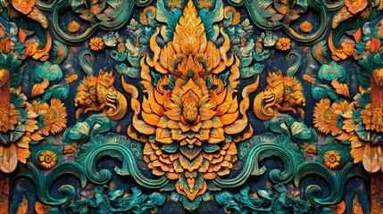 Poster - Vibrant abstract floral design, intricate patterns with warm colors, ideal for backgrounds or artistic projects.
