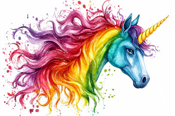  Watercolor painting of a unicorn's head, featuring vibrant rainbow hair and a golden horn, against a clean white background.