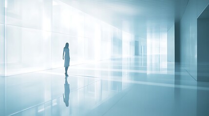 Poster - Woman in bright modern hallway, future office background, architecture concept