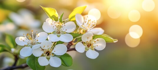 spring blossoms, white flowers on a tree branch, sunlight and bokeh a serene nature scene