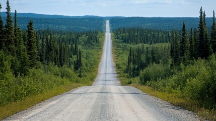 Poster - Straight road leading into dense forest on a clear day in a remote natural landscape. Generative AI
