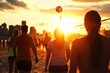 © c80 - Beach volleyball matches take place at sunset with players enjoying the warm weather in the city skyline backdrop