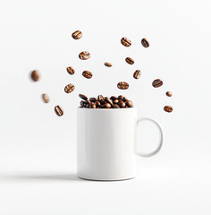 Wall Mural - A white ceramic coffee mug filled with coffee, surrounded by coffee beans suspended in mid-air, clean white background, soft studio lighting