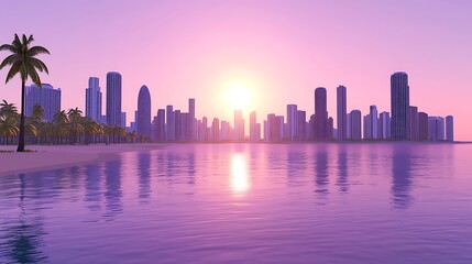 Canvas Print - Tranquil Ocean Sunset Cityscape with Palm Tree Silhouette and Vibrant Skyline Reflection