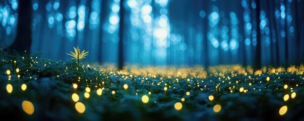 Wall Mural - Glow forest concept. A serene forest illuminated by glowing fireflies, creating a magical nighttime ambiance.