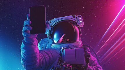 Wall Mural - Astronaut in Space Taking a Selfie with Smartphone in Neon Lights