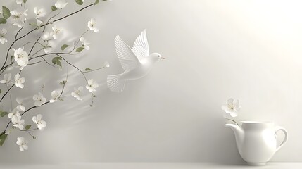 Poster - White dove, spring flowers, minimalist still life, elegant background, print/poster use