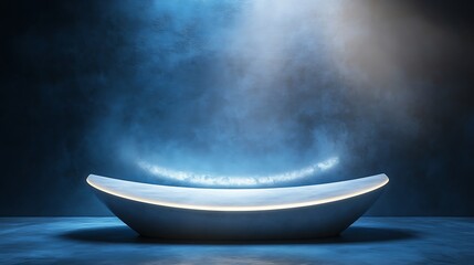 Wall Mural - Futuristic Minimalist Display:  A Sleek, Illuminated Pod on a Dark Blue Background