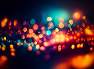 Wall Mural - abstract image of a dark backdrop illuminated by vibrant, blurred, colorful bokeh lights, evoking a 