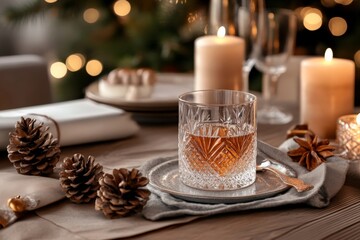 Wall Mural - Elegant holiday dinner setting with whiskey glass and festive decorations in a cozy atmosphere